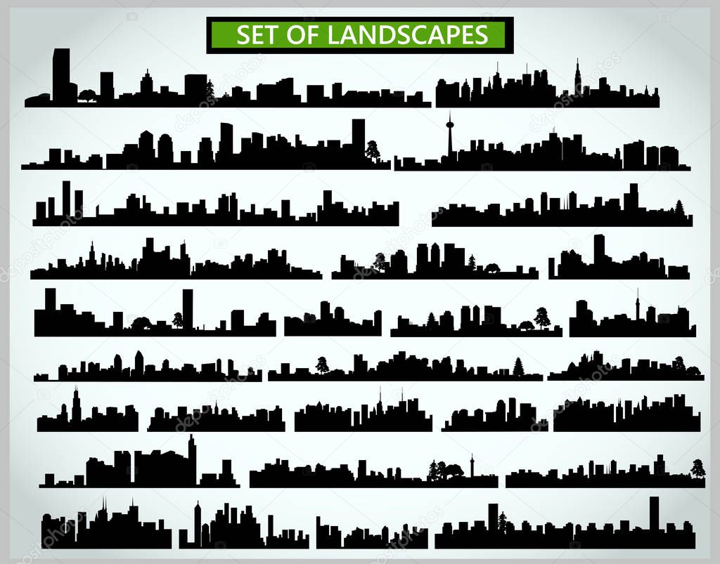 Set of cityscape silhouettes on a light gray background