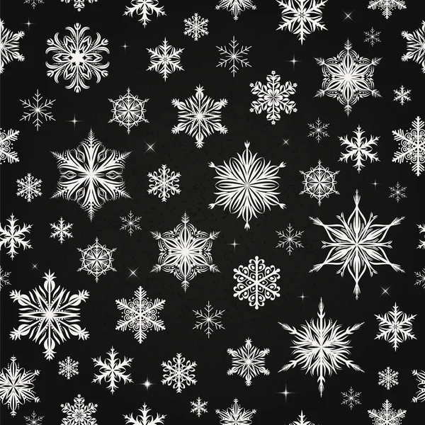 黒の背景に雪の結晶のシームレスなベクトルの背景 — ストックベクタ