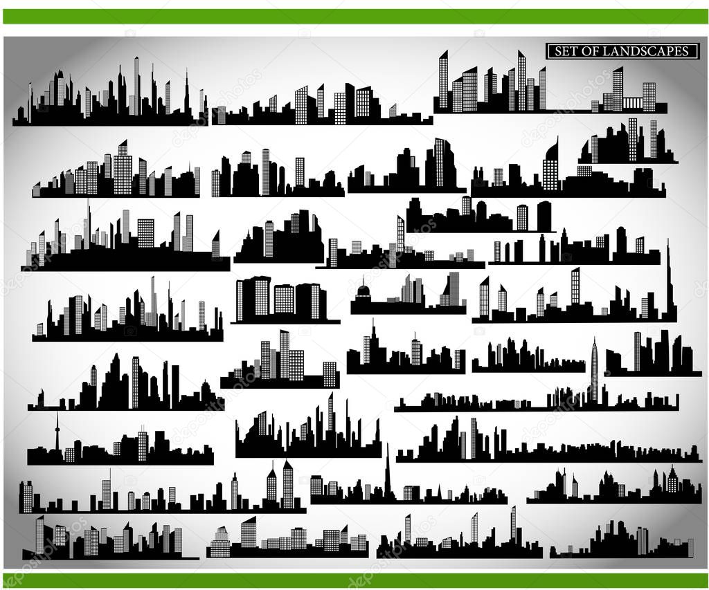 Set of cityscape silhouettes on a light gray background