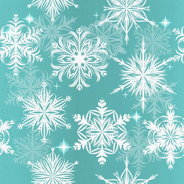 青色の背景に雪の結晶のシームレスなベクトルの背景 — ストックベクタ