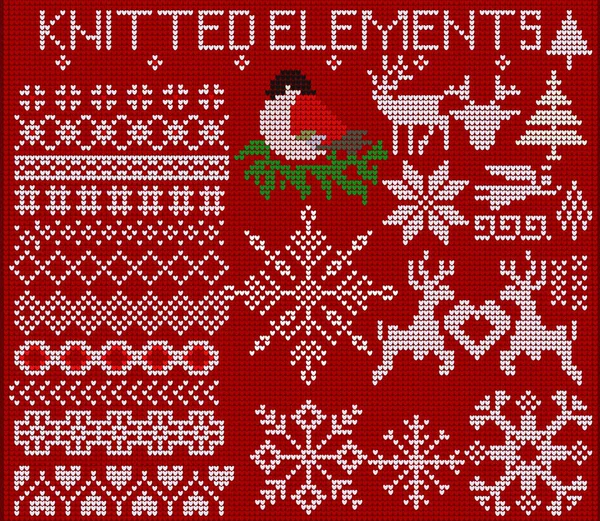 Örme öğeleri, süs eşyaları, kar taneleri ve kırmızı bir arka plan üzerinde diğer Noel süsleri kümesi