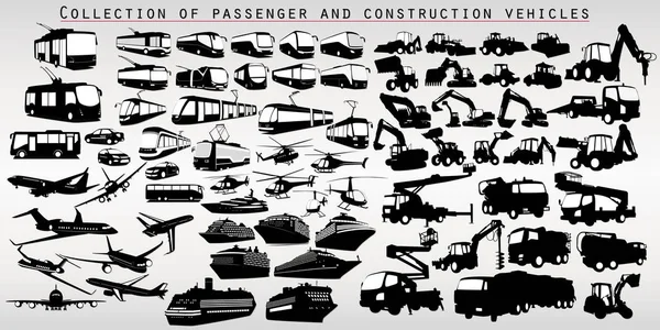 Eine Reihe Von Silhouetten Des Stadtverkehrs Flugzeuge Und Baumaschinen — Stockvektor