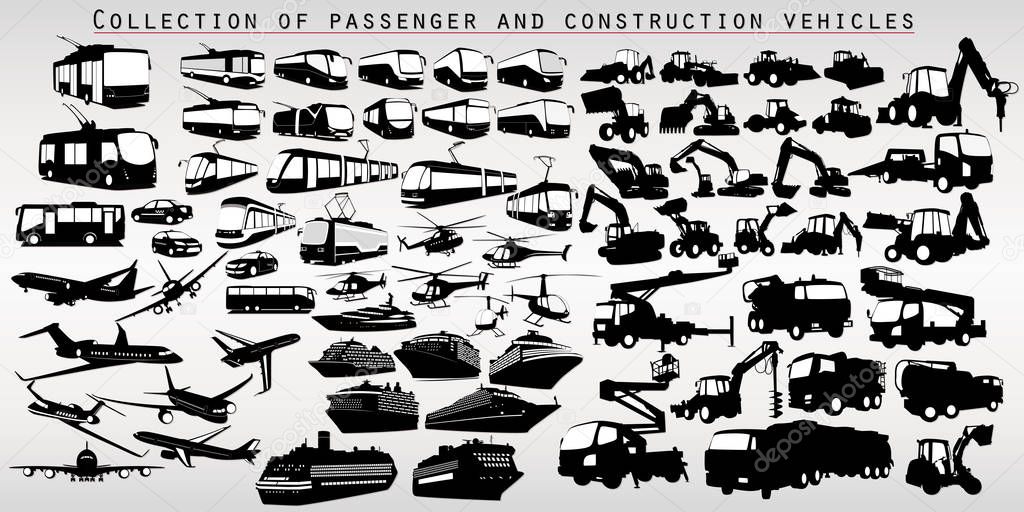 A set of city transport silhouettes, airplanes and construction machines