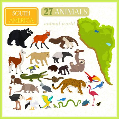 Set of animals of South America with map