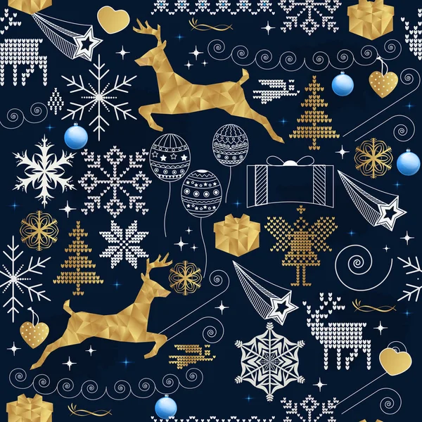 お祭りの装飾品や黄金の鹿とシームレスなクリスマスのパターン — ストックベクタ