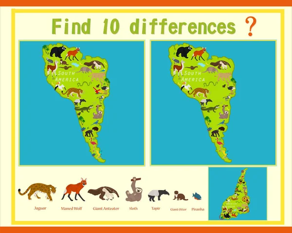 Βρείτε Τις Διαφορές Παιχνίδι Του Παιδιού Ζώα Της Νότιας Αμερικής — Διανυσματικό Αρχείο