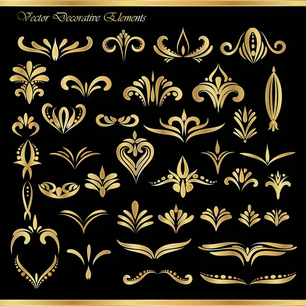 Set Decorative Golden Elements Black Background — Stock Vector
