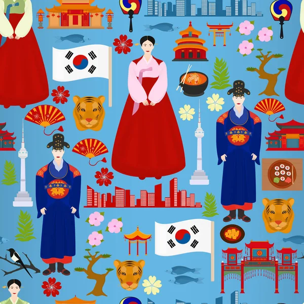 Patrón Vectorial Sin Costuras Con Elementos Tradicionales Corea Sobre Fondo — Vector de stock