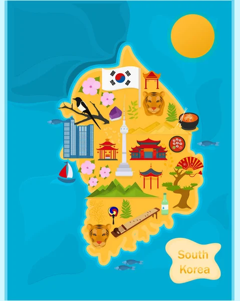 Векторна Карта Південної Кореї Національними Символами Традиційною Архітектурою — стоковий вектор