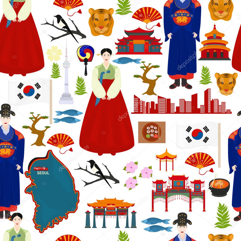   Seamless vector pattern with traditional Korea symbols. Travel to Korea.