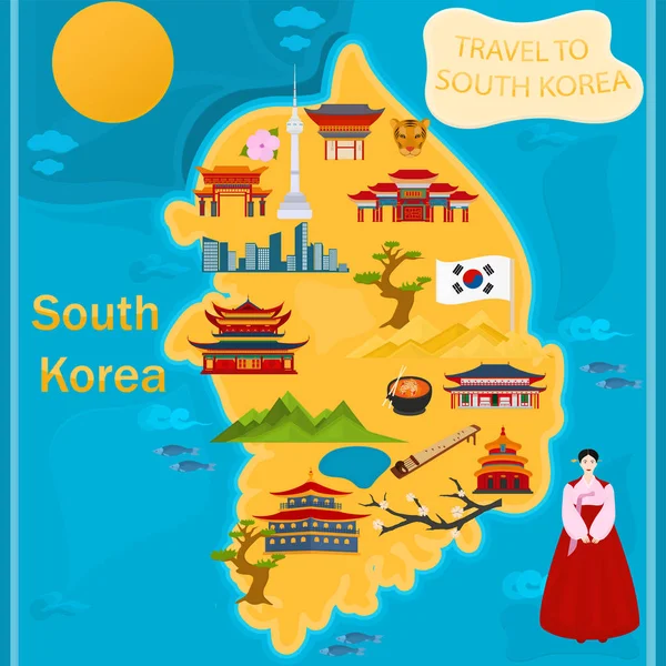 Mapa Vetorial Coreia Sul Com Símbolos Nacionais Arquitetura Tradicional — Vetor de Stock