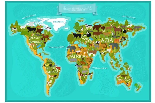 Карта Животных Мира Названиями Континентов — стоковый вектор
