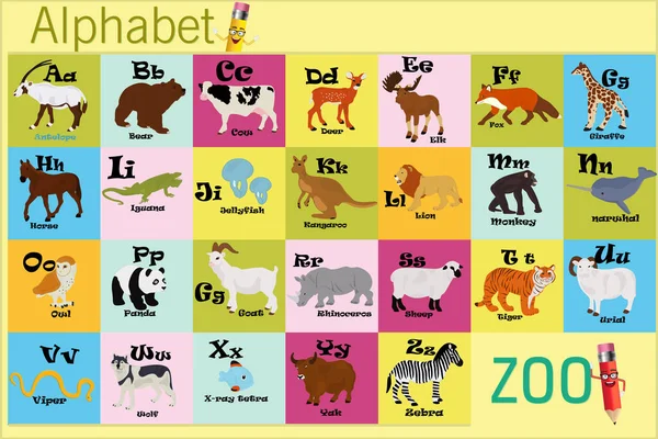 English Alphabet Animals Yellow Background — Stock Vector
