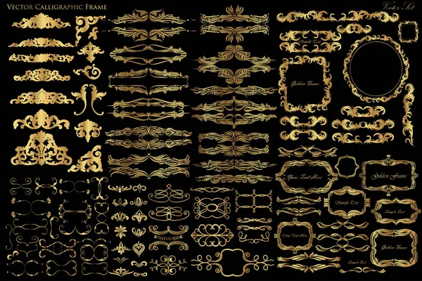 Large Set Vintage Elements Decorative Frames Adornments Gold Color Black — Stock Vector