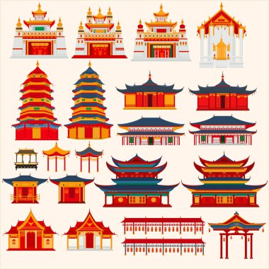 Açık gri arka planda Çin tapınakları, kapılar ve geleneksel binalar.