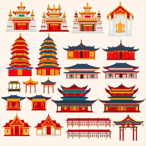 Set Van Chinese Tempels Poorten Traditionele Gebouwen Een Lichtgrijze Achtergrond — Stockvector