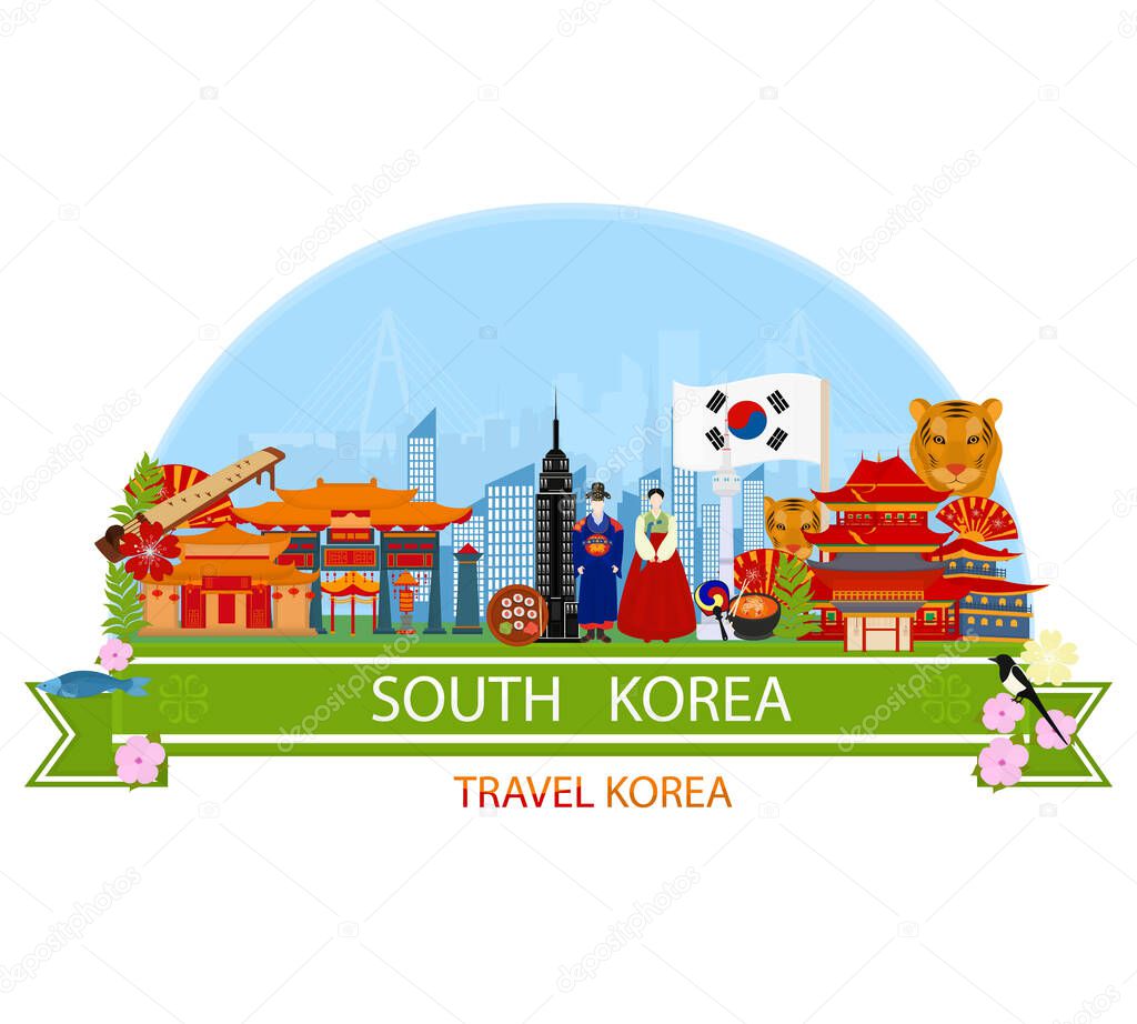   Travel to Korea. Symbols of Korea. Set of traditional elements of Korean culture.