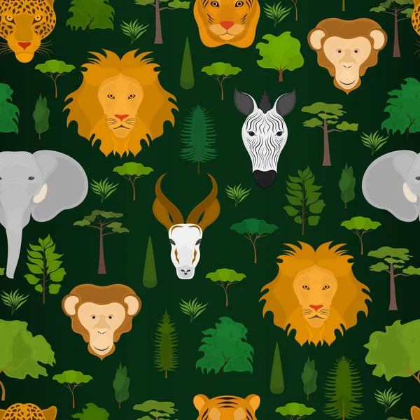 暗緑色の背景に野生動物の頭を持つシームレスベクトルパターン — ストックベクタ