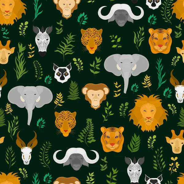   Seamless vector pattern with heads of wild beasts on a dark green background