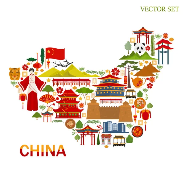 China Mapa Símbolos Chinos Tradicionales Arquitectura Viaje China — Vector de stock