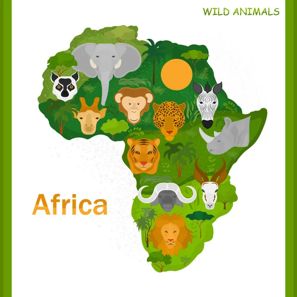 África Mapa Con Animales Plantas Silvestres — Vector de stock