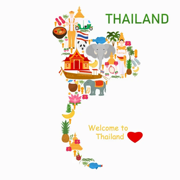 Carte Thaïlande Avec Symboles Nationaux Voyage Thaïlande Architecture Traditionnelle — Image vectorielle