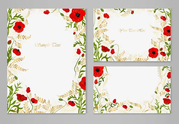 Set Vector Cards Red Poppy Golden Plants Gray Background Festive — Stock Vector