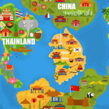   Kusursuz vektör deseni. Tayland haritası, Güney Kore, Çin ulusal sembollü..