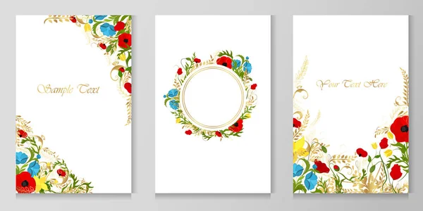 Conjunto Tarjetas Postales Vectoriales Amapola Roja Planta Dorada Otras Flores — Vector de stock