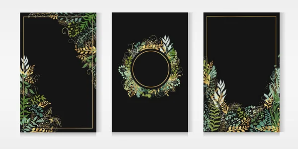 Vektor Postkartenset Vorhanden Blätter Und Zweige Pflanzen Grußkarten Mit Platz — Stockvektor