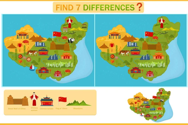 Encuentra Diferencia Mapa China Símbolos Tradicionales Chinos Arquitectura Juego Niño — Vector de stock