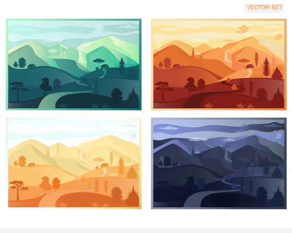 Natural Landscape Mountain View Four Vector Posters Beautiful Nature — Stock Vector