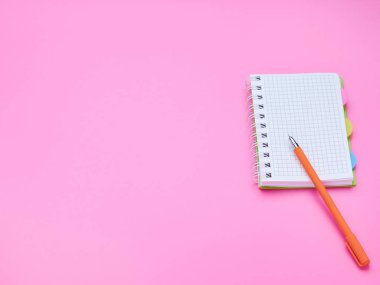 genç bir çocuğun masanın üst görünümü, pembe bir arka plan üzerinde bir kalem defter kompozisyonu