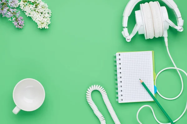 Vista superior de la mesa de un niño adolescente, composición auriculares portátil flor lápiz vidrio vacío sobre fondo verde claro — Foto de Stock