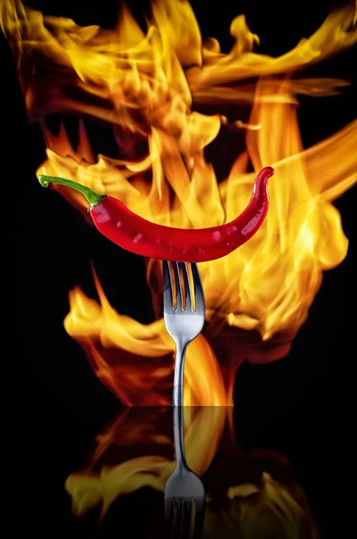 Pimienta picante roja sobre tenedor sobre fondo negro. Chiles rojos picantes en un tenedor vintage plateado sobre un fondo de fuego. Alta cocina . —  Fotos de Stock