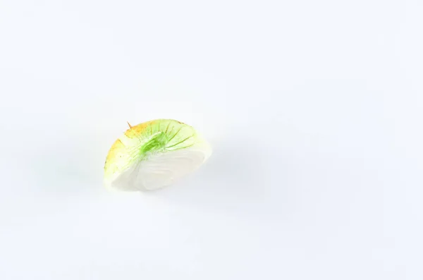 Nyklippt lök på vit bakgrund, uppifrån. Ekologisk mat bakgrund. — Stockfoto