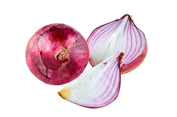 Frisch geschnittene rote Zwiebel auf weißem Hintergrund, Draufsicht. Biolebensmittel. — Stockfoto