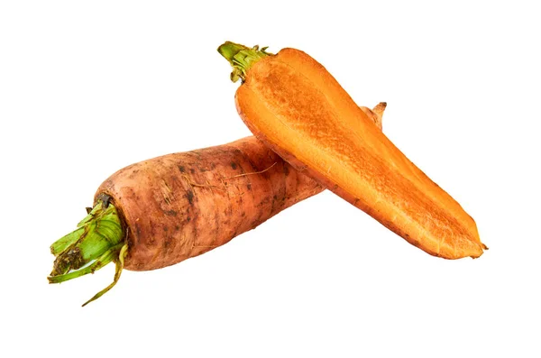 Zanahorias frescas en rodajas sobre fondo blanco. Antecedentes de los alimentos ecológicos . —  Fotos de Stock