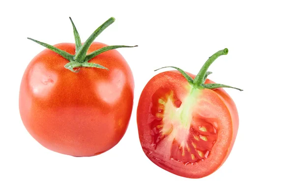 Świeże pomidory w plasterków na białym tle. Tło żywności ekologicznej. — Zdjęcie stockowe