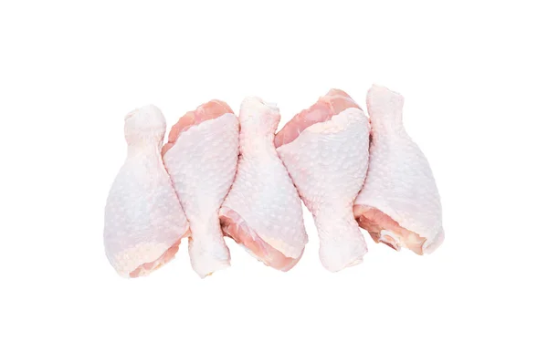 Ensemble Cinq Pilons Poulet Frais Isolés Sur Fond Blanc Vue — Photo