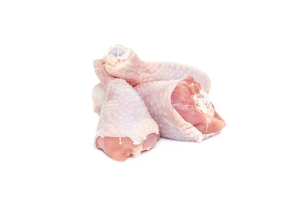 Tre Färska Kyckling Trumpinnar Vit Bakgrund Närbild — Stockfoto
