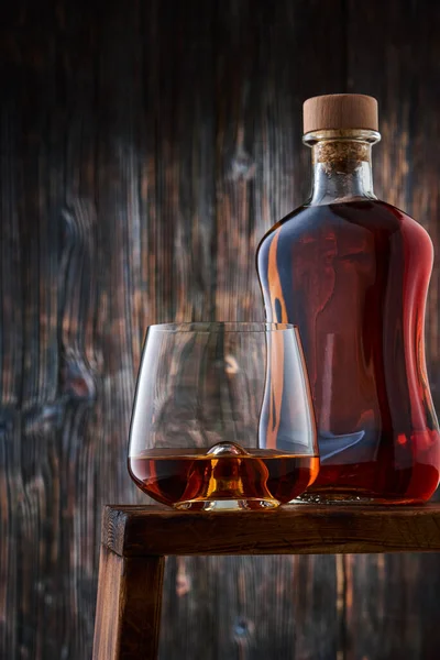 Crystal Glass Shot Whiskey Full Bottle Whiskey Counter Old Wooden — Stock Photo, Image