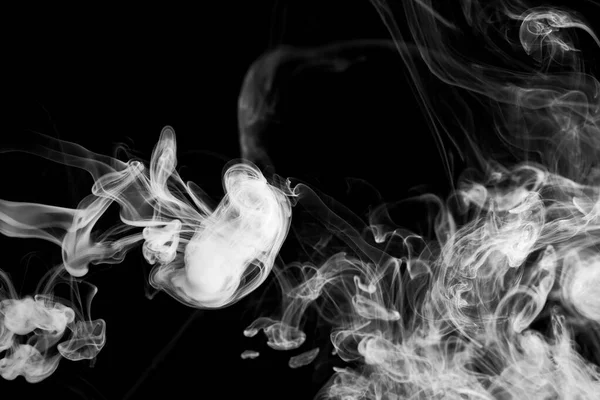 Clouds of white smoke on a black background, movement of smoke on a black background, clouds of smoke in the shape of a jellyfish, smoky background, abstract smoke