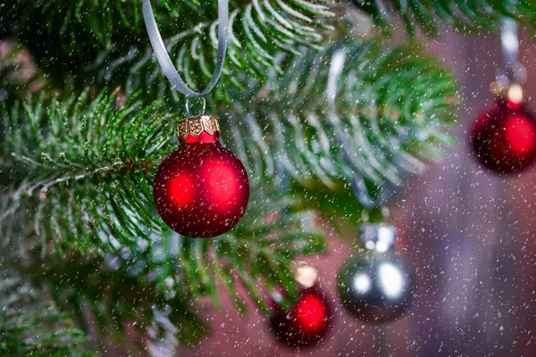 Fondo Navidad Con Una Rama Abeto Una Bola Roja Una — Foto de Stock