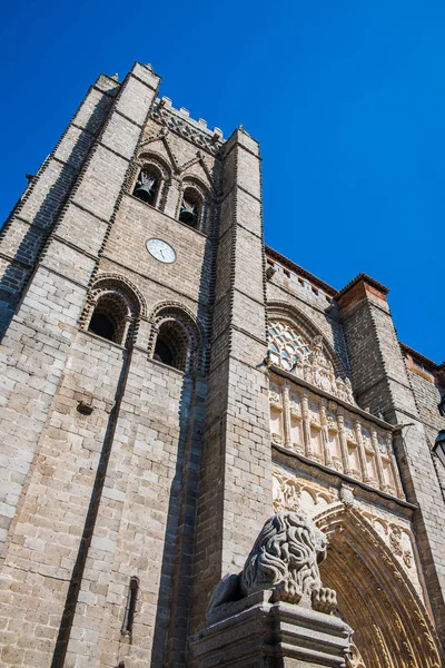 Avila Katedrali ana görünümü, İspanya, ve aslan taşı