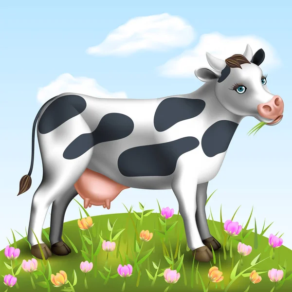 Vektorrajz egy fekete-fehér foltos tehén egy legelő. 3D karikatúra stílus gyerekeknek. 10 EPS színátmenetes hálóval. — Stock Vector