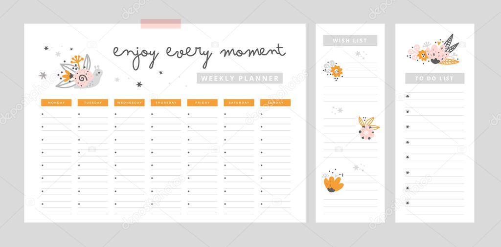 Weekly planner with motivation phrase and hand drawn elements. Enjoy every moment. Wish list, to do list. Set of stationery digital prints. Follow your dreams. Flat lay, organizer mock up