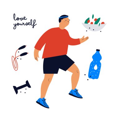 Spor malzemeleri ve sağlıklı yiyecekleri olan genç bir adam. Kendini sev. Spor ayakkabılı ve spor elbiseli bir çocuk. Beyaz arkaplanda izole edilmiş düz bir şekilde sağlıklı yaşam tarzı çizimi 