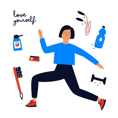 Spor aletleri ve vücut estetiği olan genç bir bayan. Kendini sev. Kadın yoga yapıyor, antrenman yapıyor. Beyaz arkaplanda izole edilmiş düz bir şekilde sağlıklı yaşam tarzı çizimi 