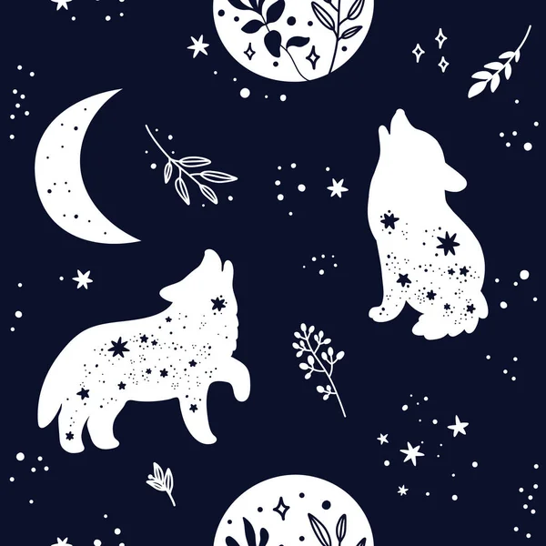 无缝图案与可爱的布荷狼动物轮廓 星星和月亮 黑色和白色的颜色 用于印刷品 纺织品 包装纸 服装的创造性儿童纹理 — 图库矢量图片